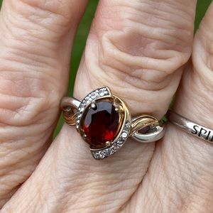Genuine Garnet and white topaz ring .925 Sterling Silver 18k gold accent